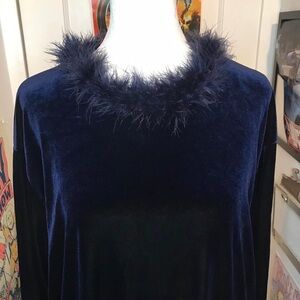 Vintage Dark Blue Sapphire Long Sleeve Top-Faux Fur, Feathers Collar, Size Large
